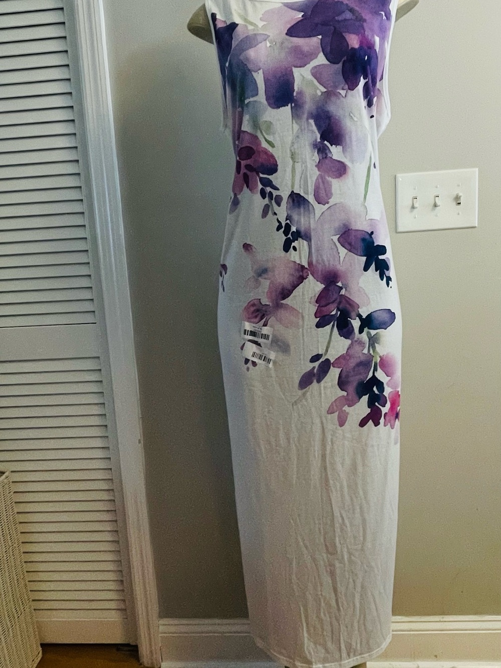 Sleeveless White Maxi Dress with Purple Floral Print